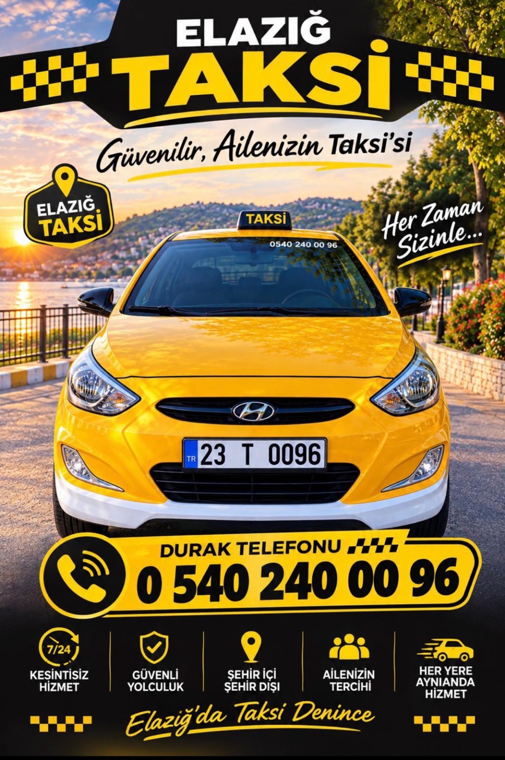 Elazığ Taksi tanıtım afişi, sarı taksi ve 0540 240 00 96 telefon numarası
